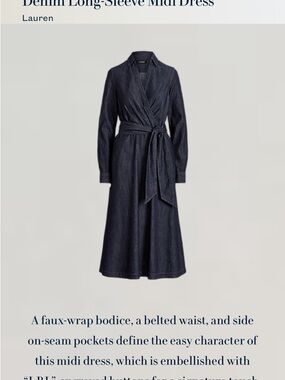 Lauren Ralph Lauren Dark Indigo Faux-Wrap Denim Midi Dress NWT